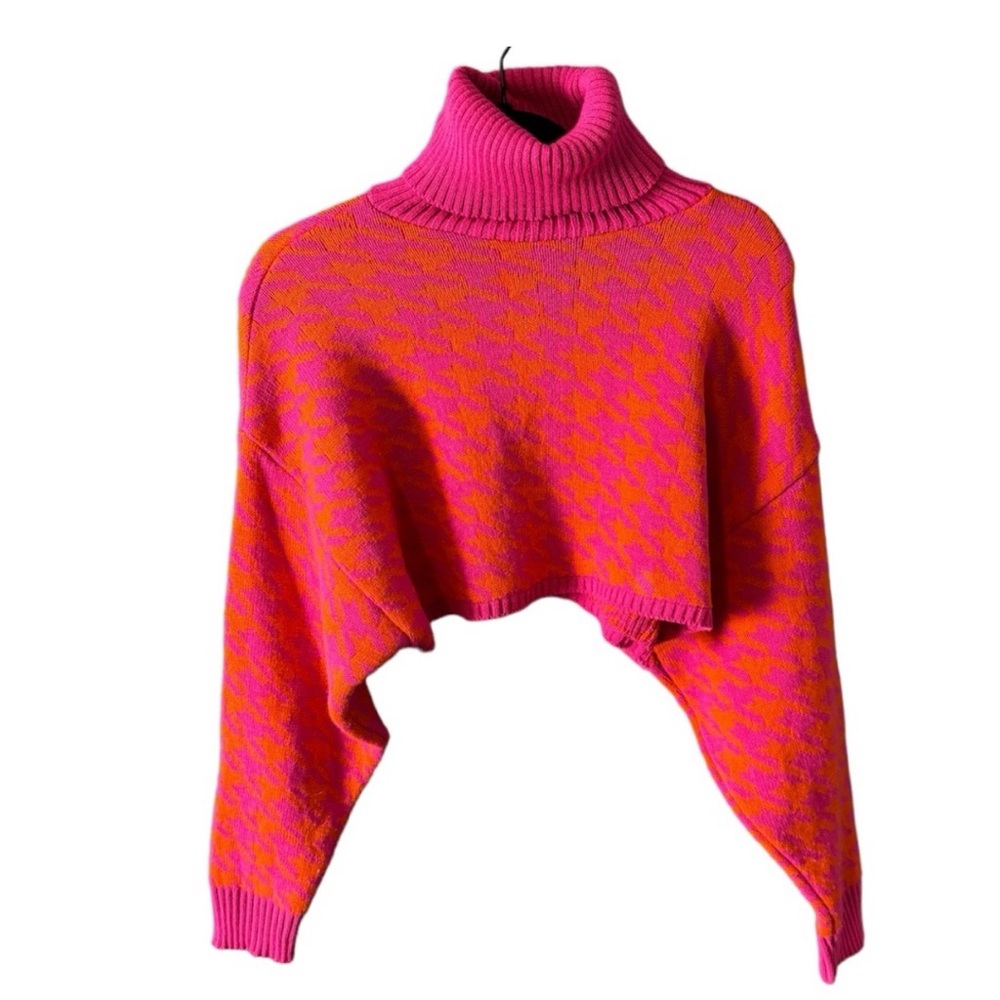 Nasty Gal women’s neon pink orange houndstooth cropped turtleneck sweater small